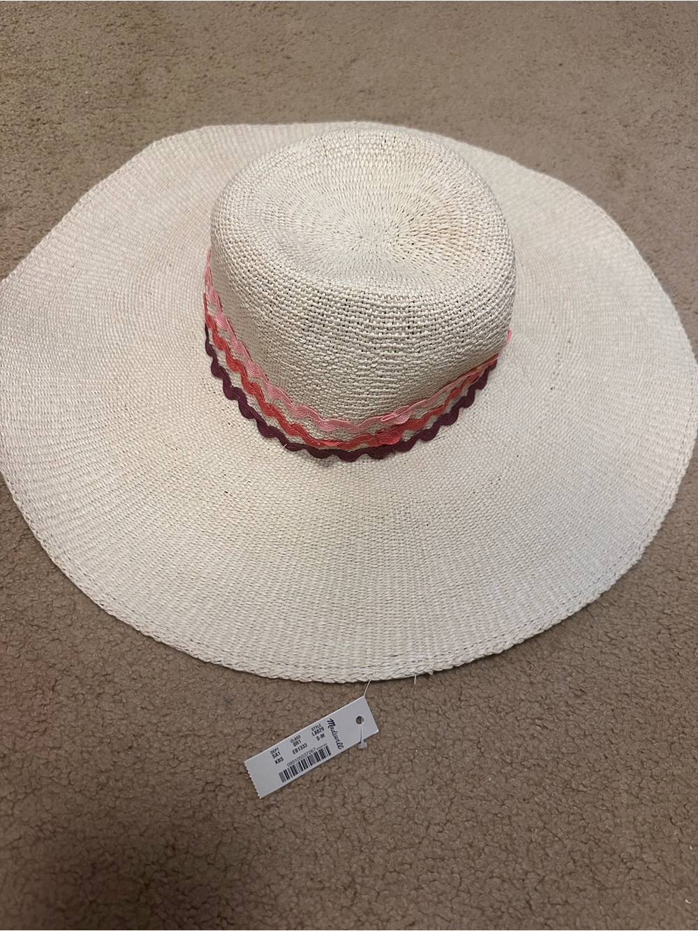 Madewell Cream Straw Sun Hat with Pink & Mauve Scalloped Band